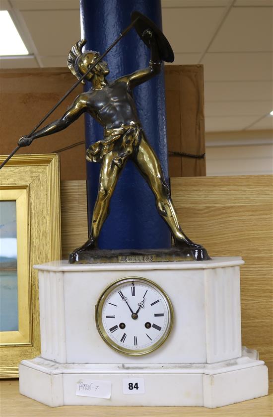 A French alabaster mantel clock with mounted model of Achilles 57cm high